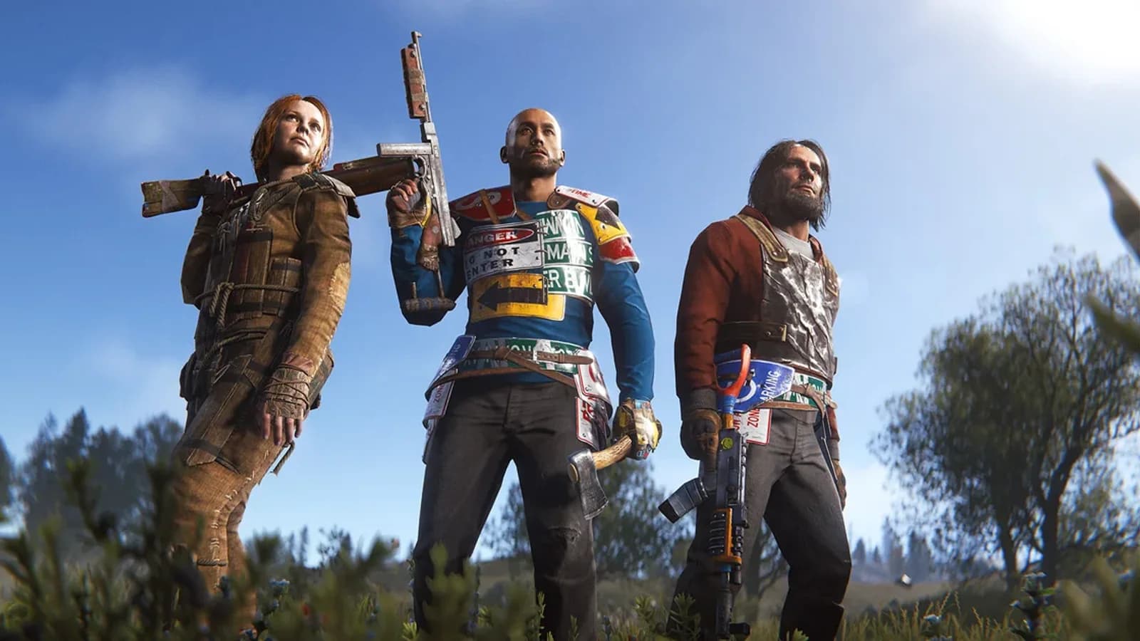 Three players standing in a row in Rust.